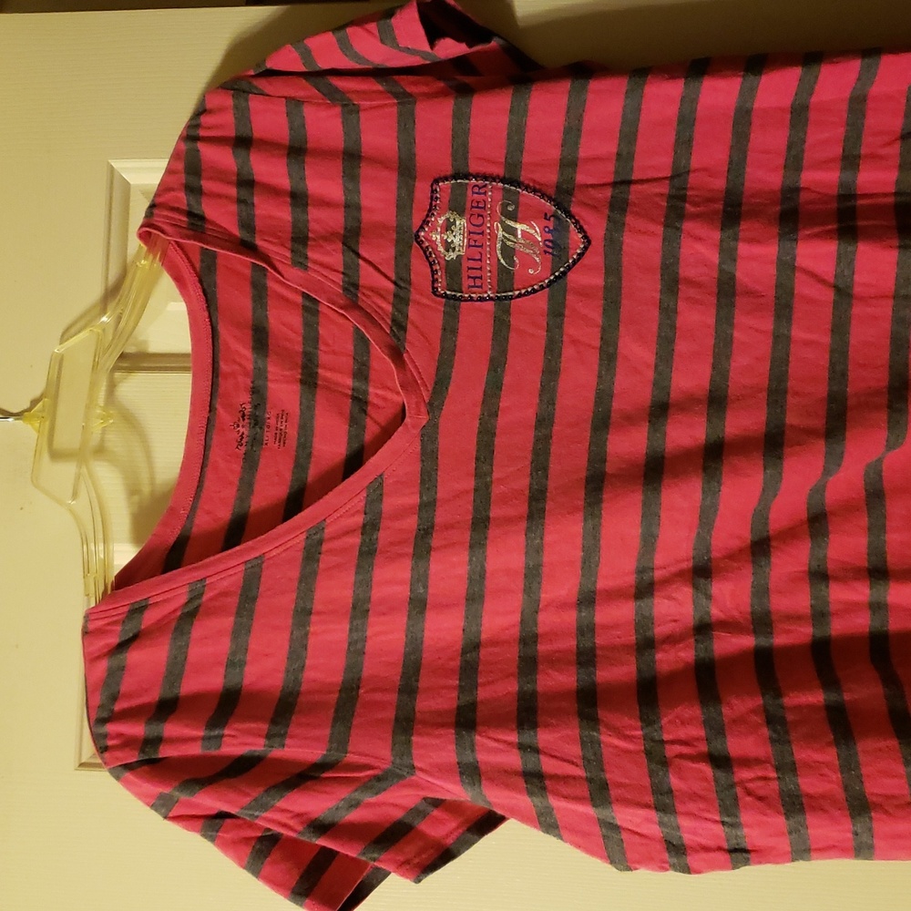 Tommy Hilfiger Pink And Grey Striped V-neck Short Sleeve Top Size XL